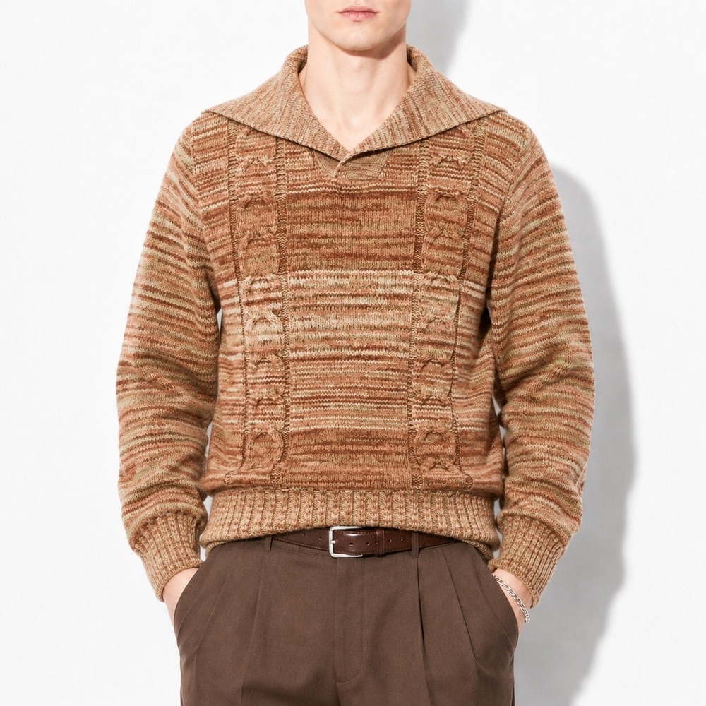 70s Vintage Jantzen Cable Knit Shawl Collar Sweater Mens M Brown Space Dye USA